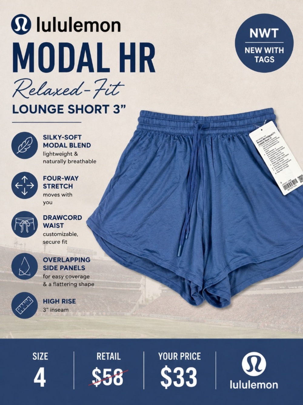 lululemon Modal High-Rise Relaxed-Fit Lounge Shorts 3” Size 4 NWT
